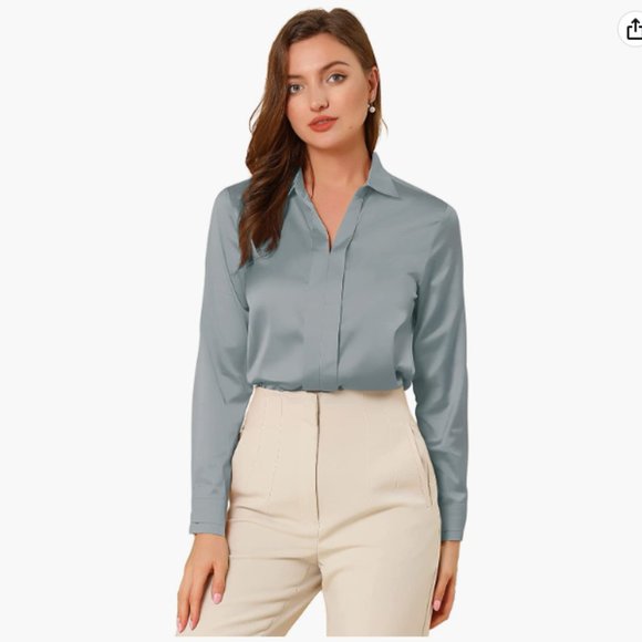 2 for $30! Offers open! Small Allegra K Women's Satin Blouse blue office blouse - Picture 1 of 3